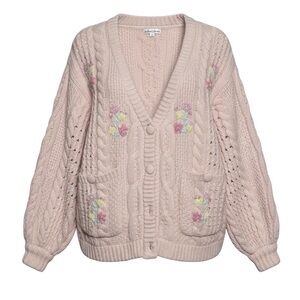 For Love & Lemons Amaryllis Cable Knit Embroidered Floral Cardigan Sweater XS